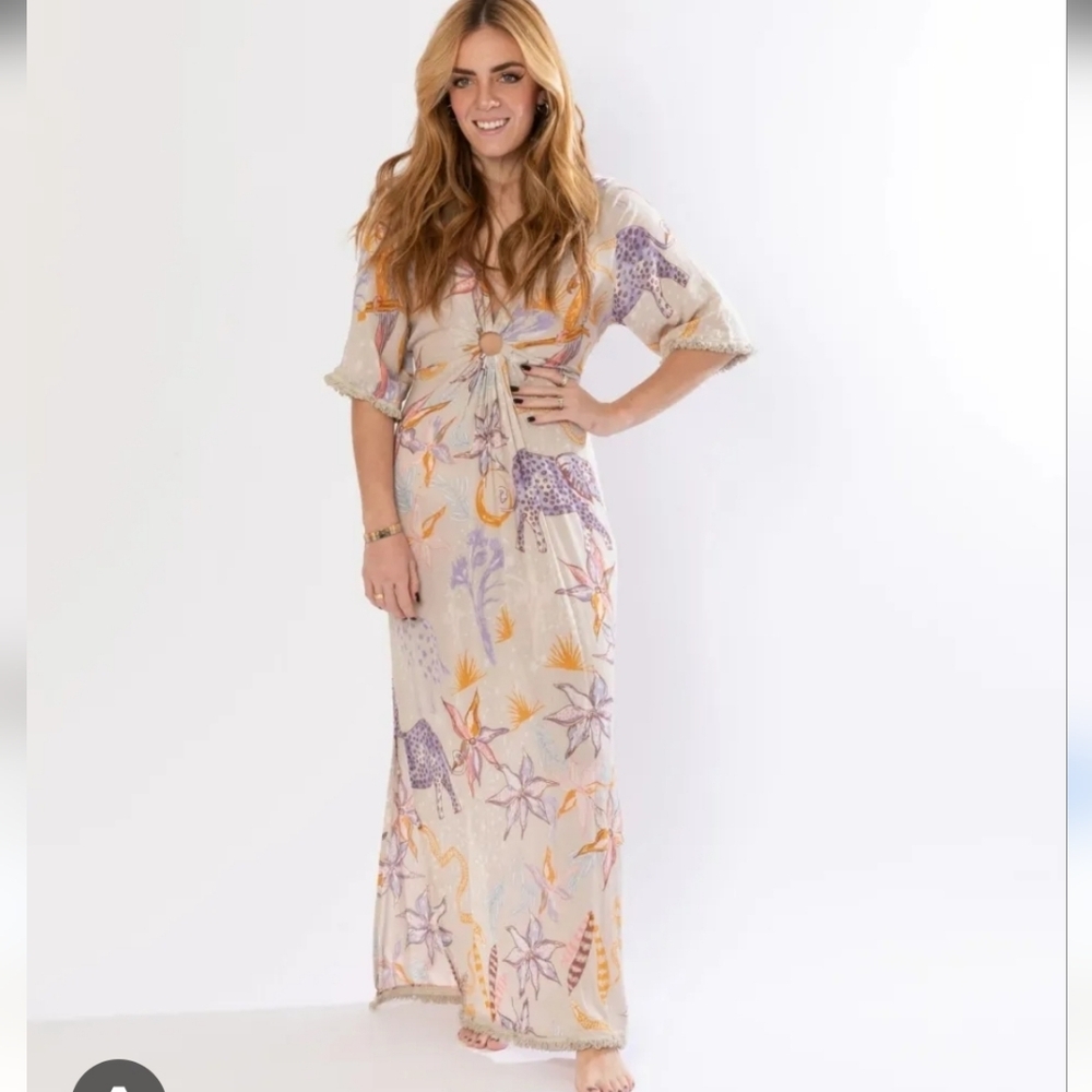 Z&L EUROPE V-neck Tie Up Open Back Bell Sleeves Trimmed 54"Long Maxi Dress M